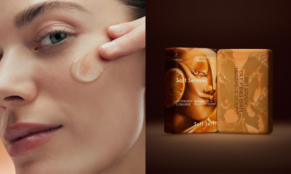 Model with skin care serum on face and Soft Services buffing bar