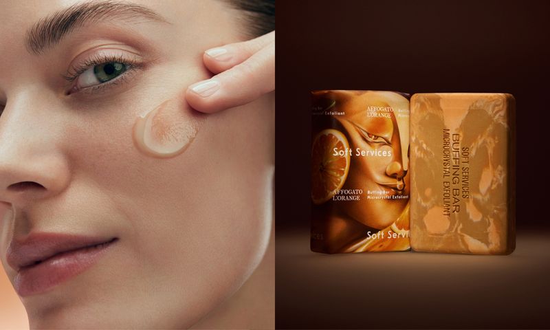 Model with skin care serum on face and Soft Services buffing bar