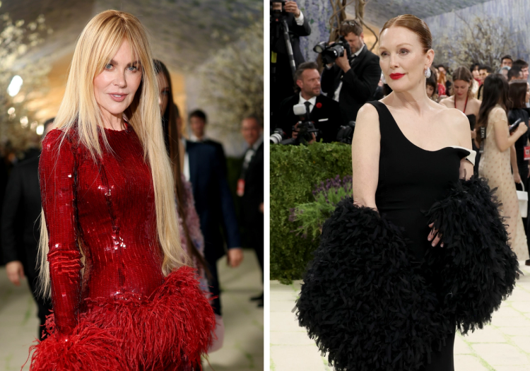 Julianne Moore and Nicole Kidman at the Met Gala, Moore in a sleek black one-shoulder gown with feathered detailing and a bold red lip, Kidman in a red sequined gown with long straight hair and dramatic feathered cuffs.