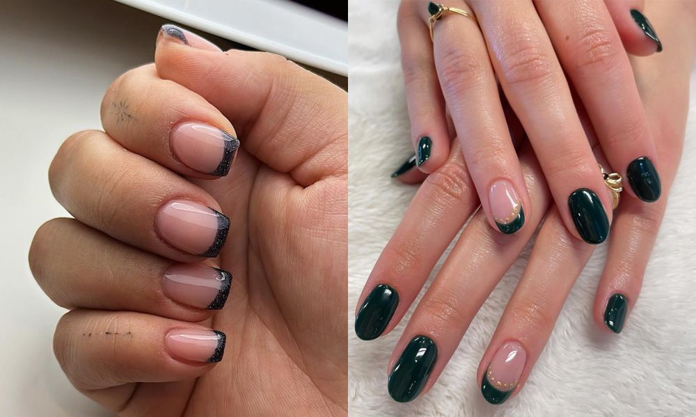 side by side images of dark French manicures
