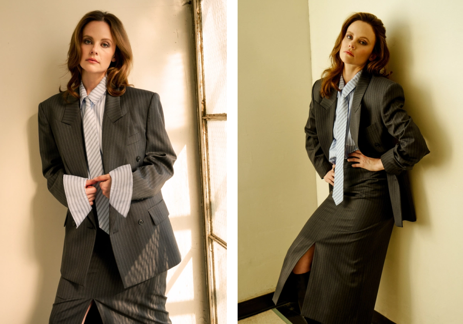 Two-photo collage of Sarah Ramos wearing an oversized pinstripe suit with a striped tie, posing against a wall in soft natural light