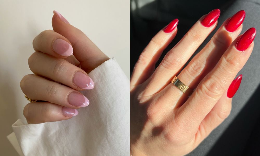 side by side images of manicured hands with nail polish