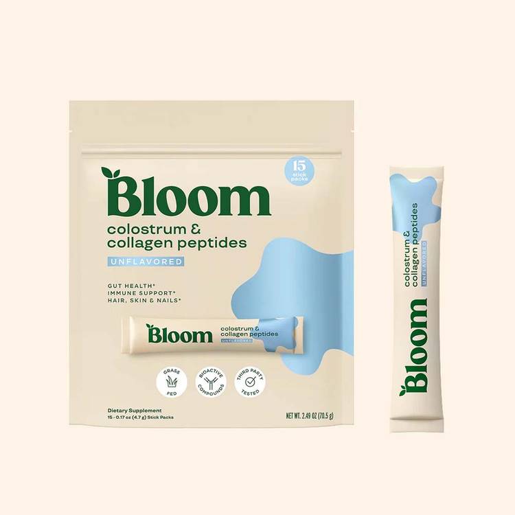 Bloom Nutrition Colostrum & Collagen Stick Packs ($21 for 15 sticks)