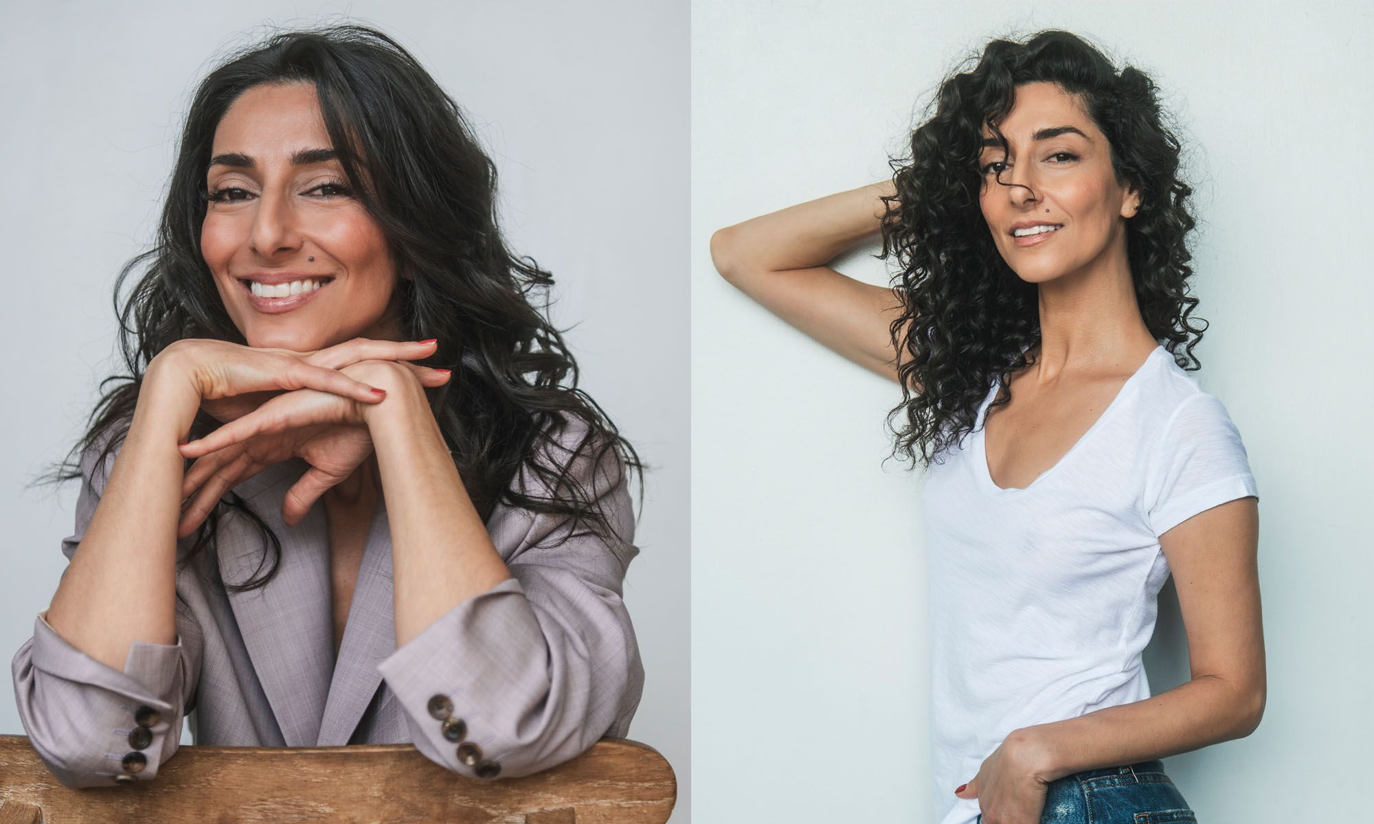 side by side images of Necar Zadegan. In one image she's sitting and posing in a gray blazer and in the other she has curly hair and a white t-shirt on.
