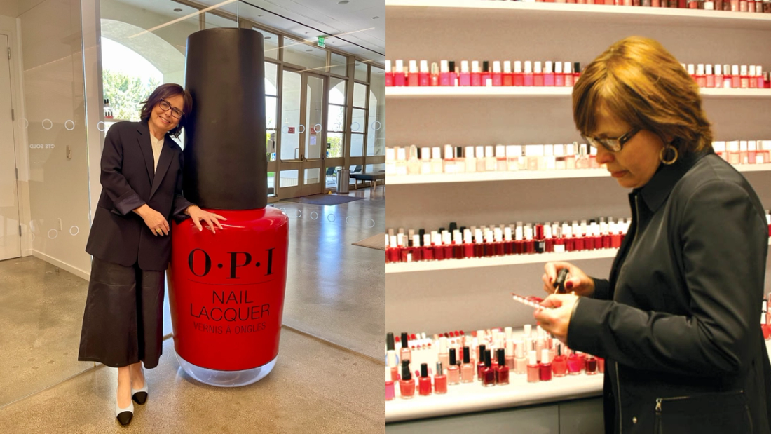  Side-by-side photos of Suzi Weiss-Fischmann posing beside an oversized red OPI nail polish bottle and painting a nail color swatch in front of shelves of polish.