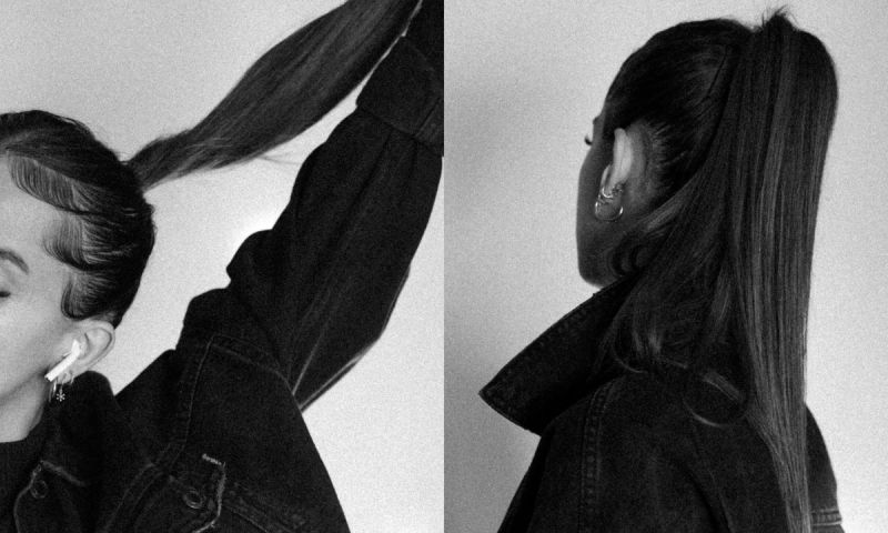 side by side black and white images of woman with ponytail hairstyle