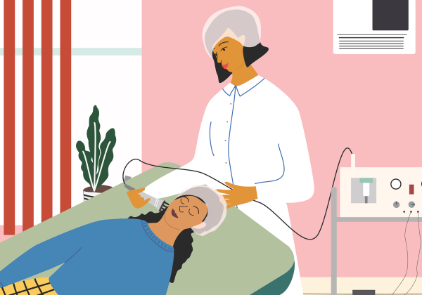 Illustration of a dermatologist performing a skin treatment or screening on a patient lying on an exam table in a clinical setting.