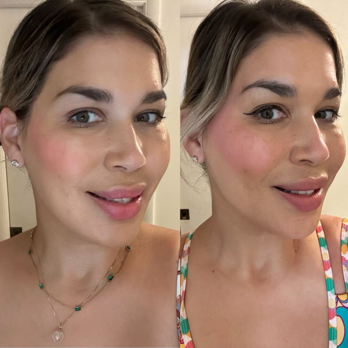 side by side image of woman with blush cheeks