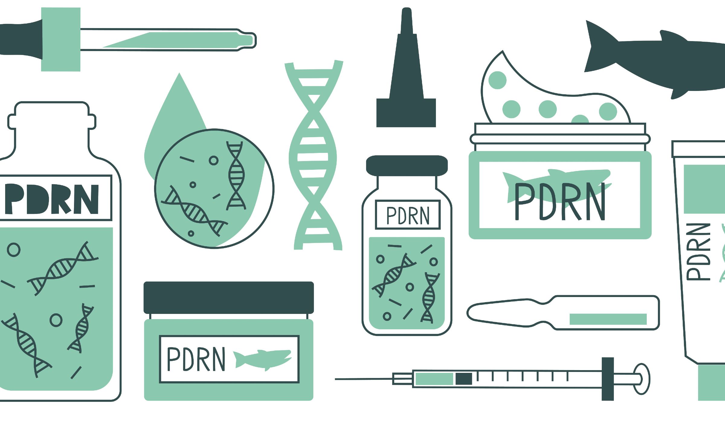 Flat illustration in teal and dark green showing a collection of PDRN (polynucleotides) skin-care products