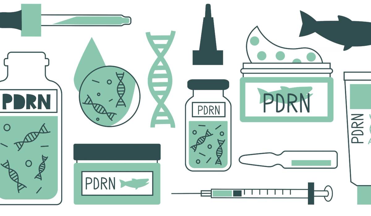 Flat illustration in teal and dark green showing a collection of PDRN (polynucleotides) skin-care products