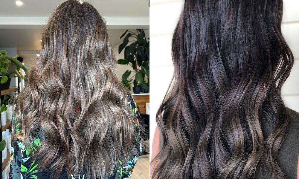 side by side images of back views of smokey brunette hair