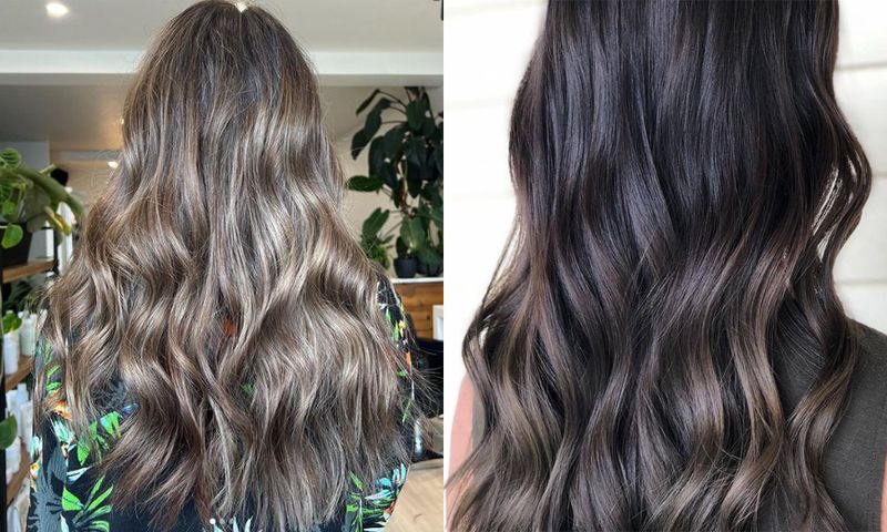 side by side images of back views of smokey brunette hair