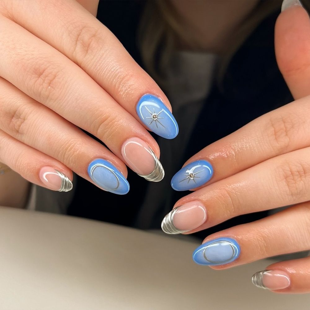 Blue and silver nail art