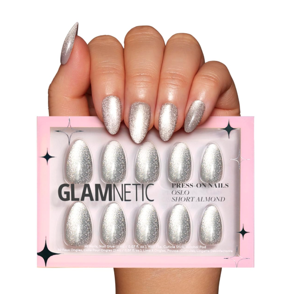 Glamnetic Press On Nails - Oslo | Short Almond Silver Shimmer Nails with a Cat Eye Finish ($15)