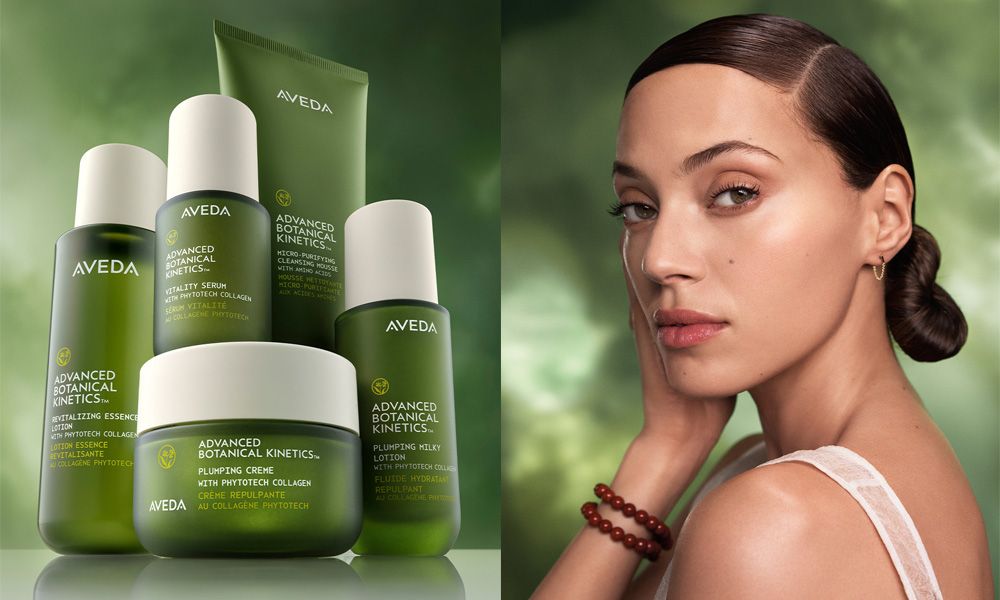 Aveda vegan skin care collection and model