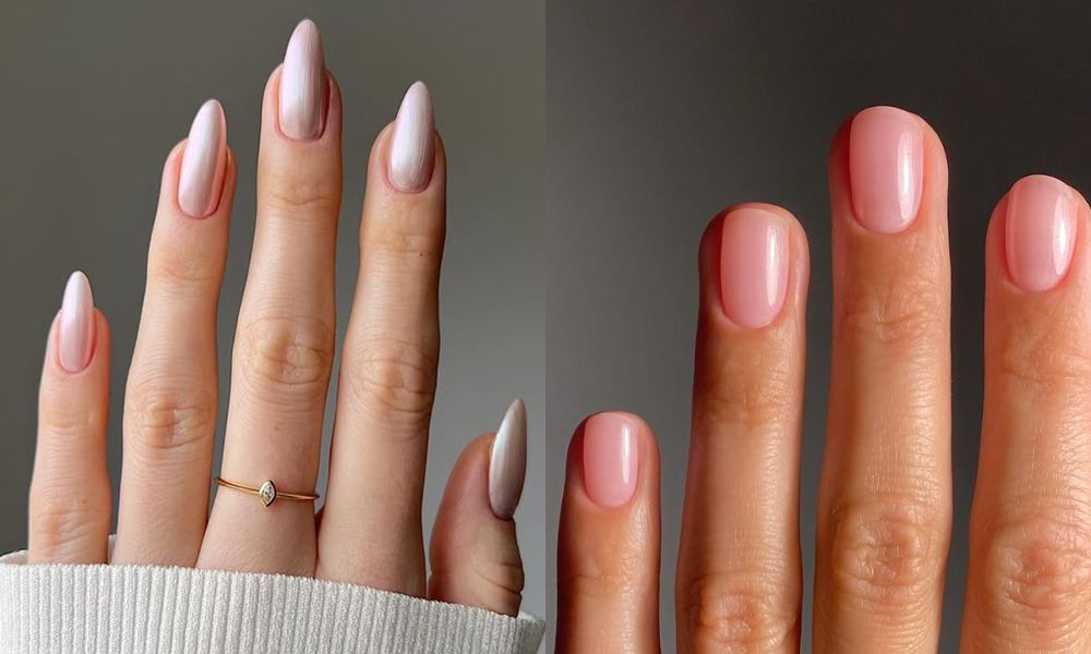side by side images of satin nail manicures