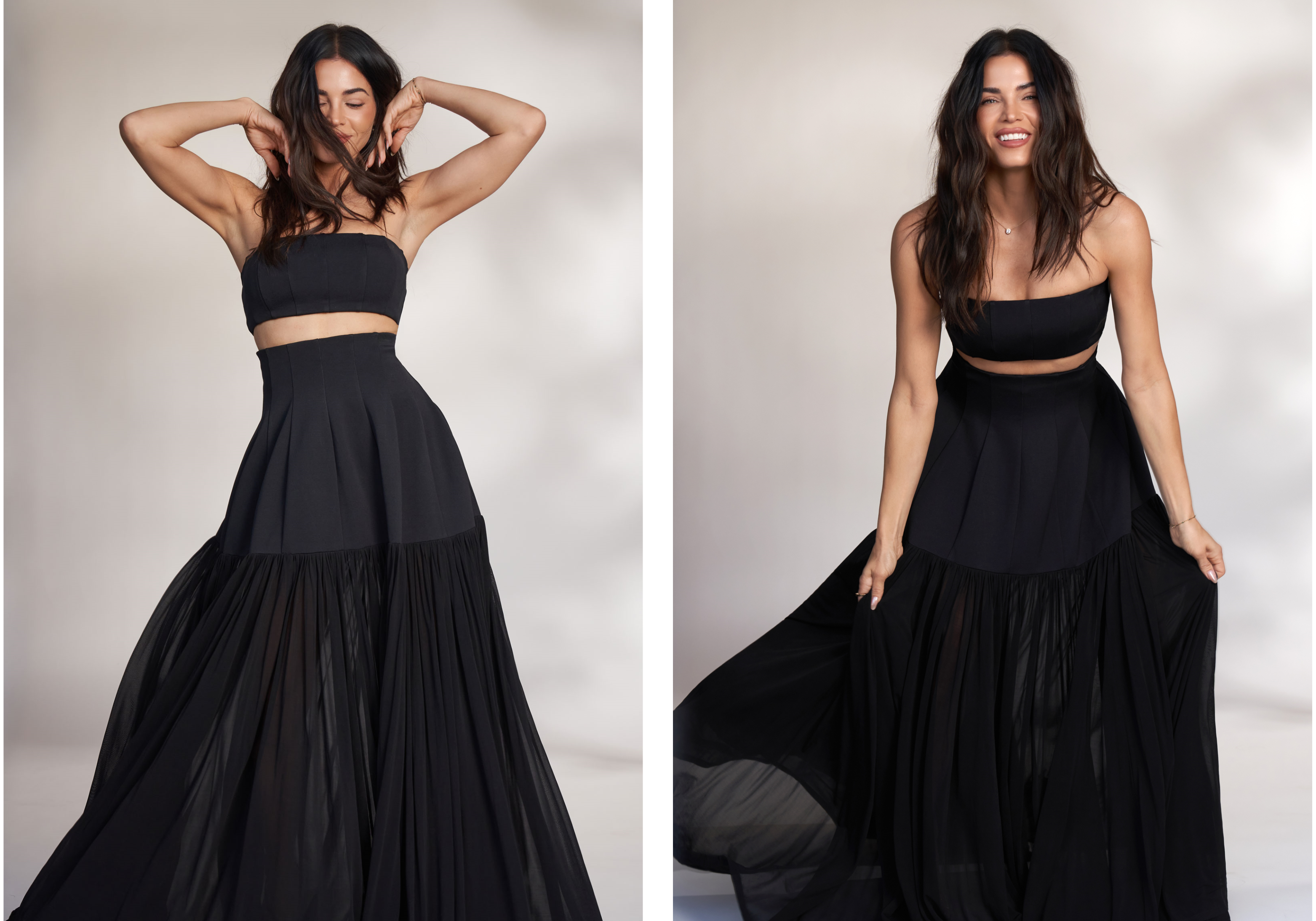 NewBeauty’s May digital cover star, Jenna Dewan, poses in a flowing black SIMKHAI two-piece look across three studio portraits, smiling, adjusting her hair and holding out the skirt.