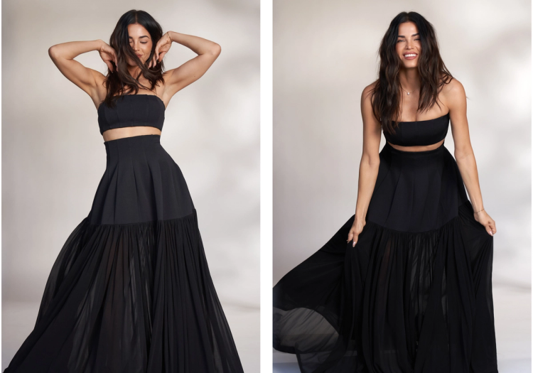 NewBeauty’s May digital cover star, Jenna Dewan, poses in a flowing black SIMKHAI two-piece look across three studio portraits, smiling, adjusting her hair and holding out the skirt.