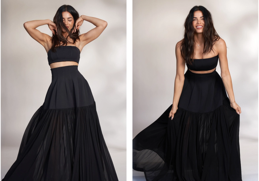 NewBeauty’s May digital cover star, Jenna Dewan, poses in a flowing black SIMKHAI two-piece look across three studio portraits, smiling, adjusting her hair and holding out the skirt.