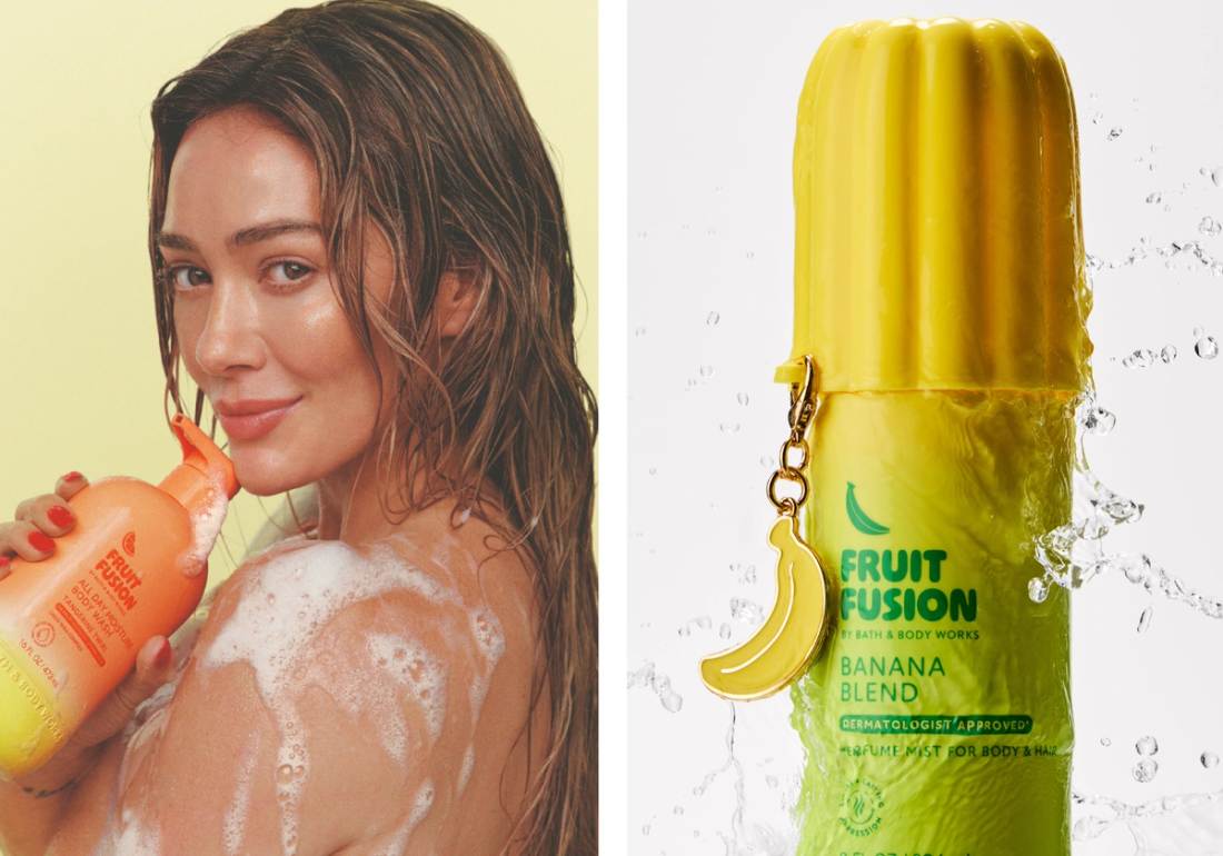Hilary Duff holds a Fruit Fusion body mist in a split image next to a close-up of Bath & Body Works Fruit Fusion Banana Blend perfume mist with a banana charm and splashing water