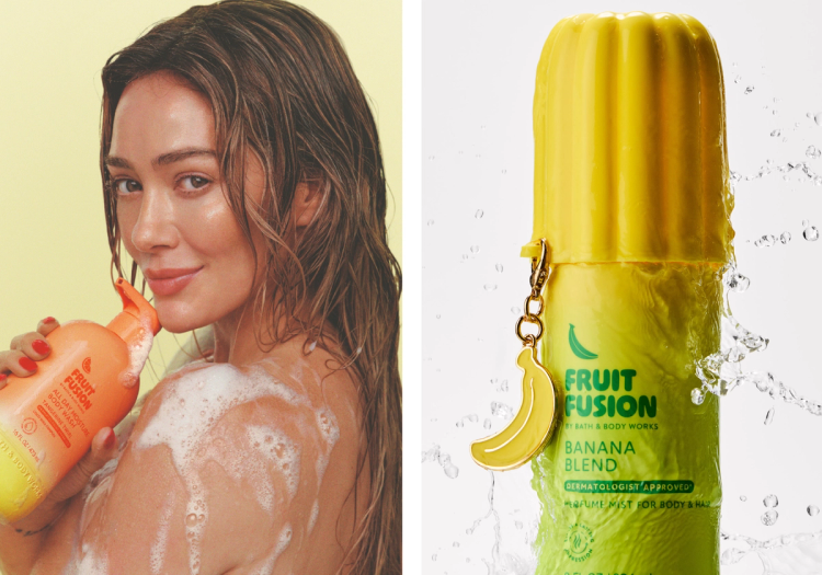 Hilary Duff holds a Fruit Fusion body mist in a split image next to a close-up of Bath & Body Works Fruit Fusion Banana Blend perfume mist with a banana charm and splashing water