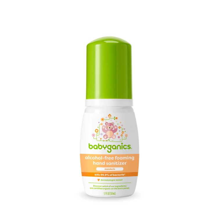 Babyganics alcohol-free foaming hand sanitizer in a white bottle with a green cap, labeled mandarin scent and designed for baby-safe use.