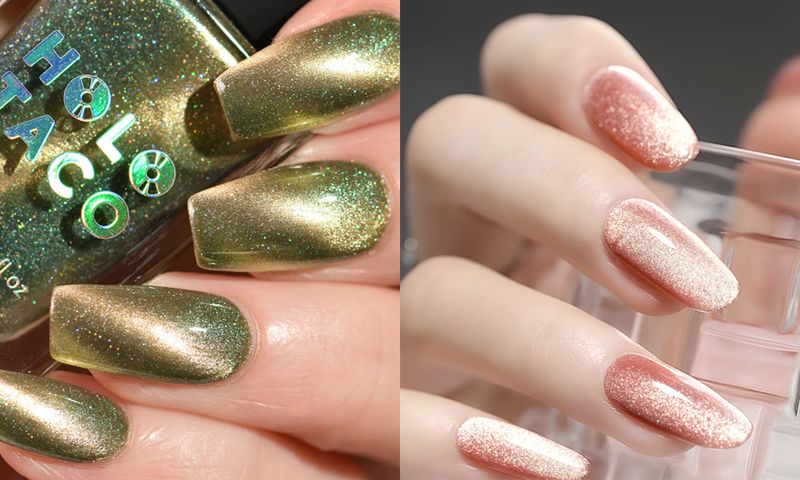 side by side images of magnetic and shimmering manicires