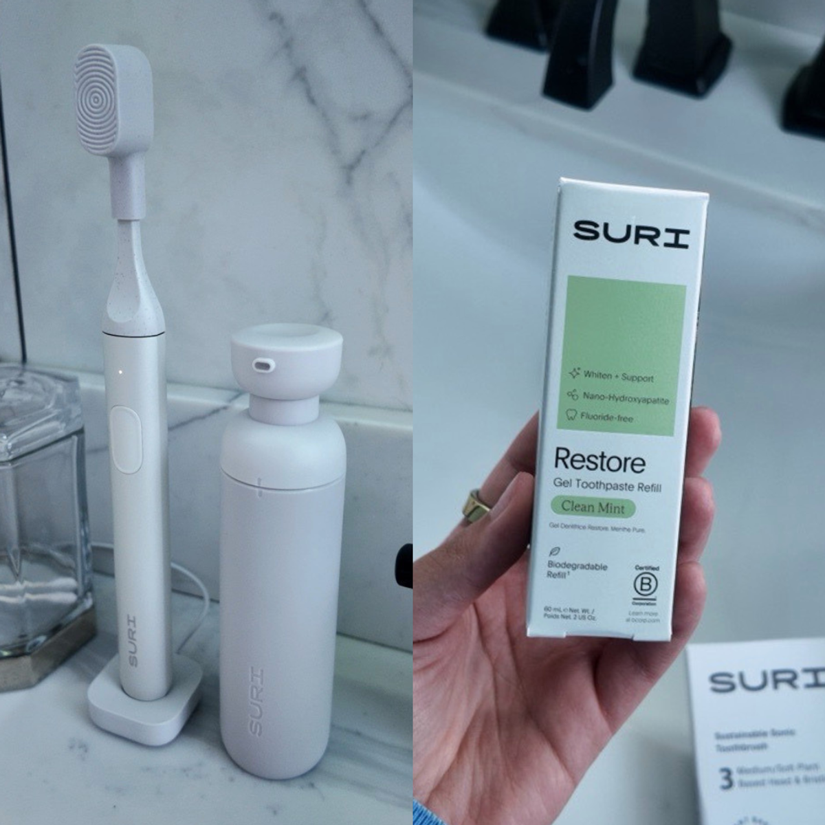 SURI electric toothbrush in Sea Mist, Restore Gel Refillable Toothpaste bottle in Stone, and Restore Gel Toothpaste Refill in Clean Mint.