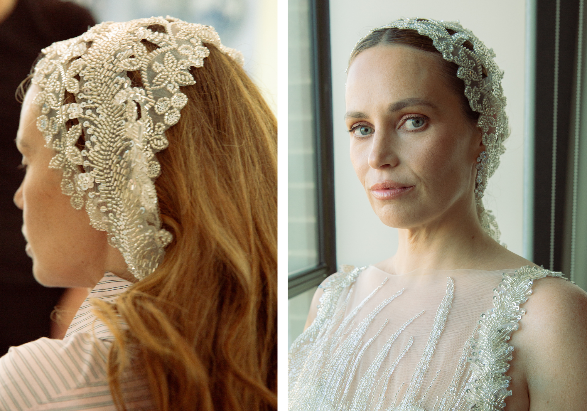 Carley Fortune getting her makeup done ahead of the Every Summer After premiere, wearing a beaded silver headscarf and embellished gown, shown in two side-by-side images.