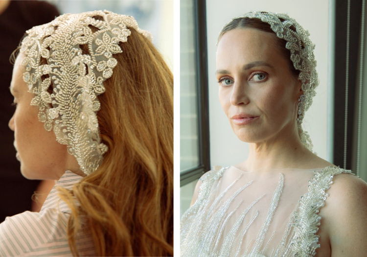 Carley Fortune getting her makeup done ahead of the Every Summer After premiere, wearing a beaded silver headscarf and embellished gown, shown in two side-by-side images.