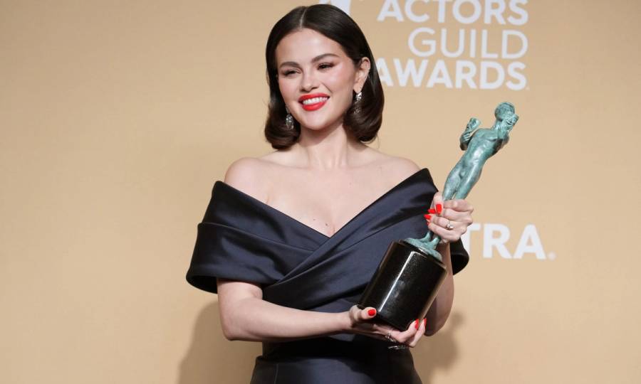 Selena Gomez, winner of Outstanding Performance by an Ensemble in a Comedy Series for "Only Murders in the Building," poses in the press room during the 31st Annual Screen Actors Guild Awards at Shrine Auditorium and Expo Hall on February 23, 2025 in Los Angeles, California.