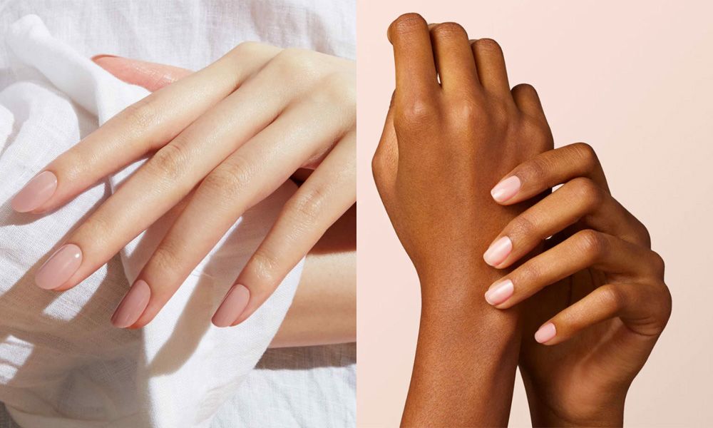 side by side image of hands with light pink nail polish