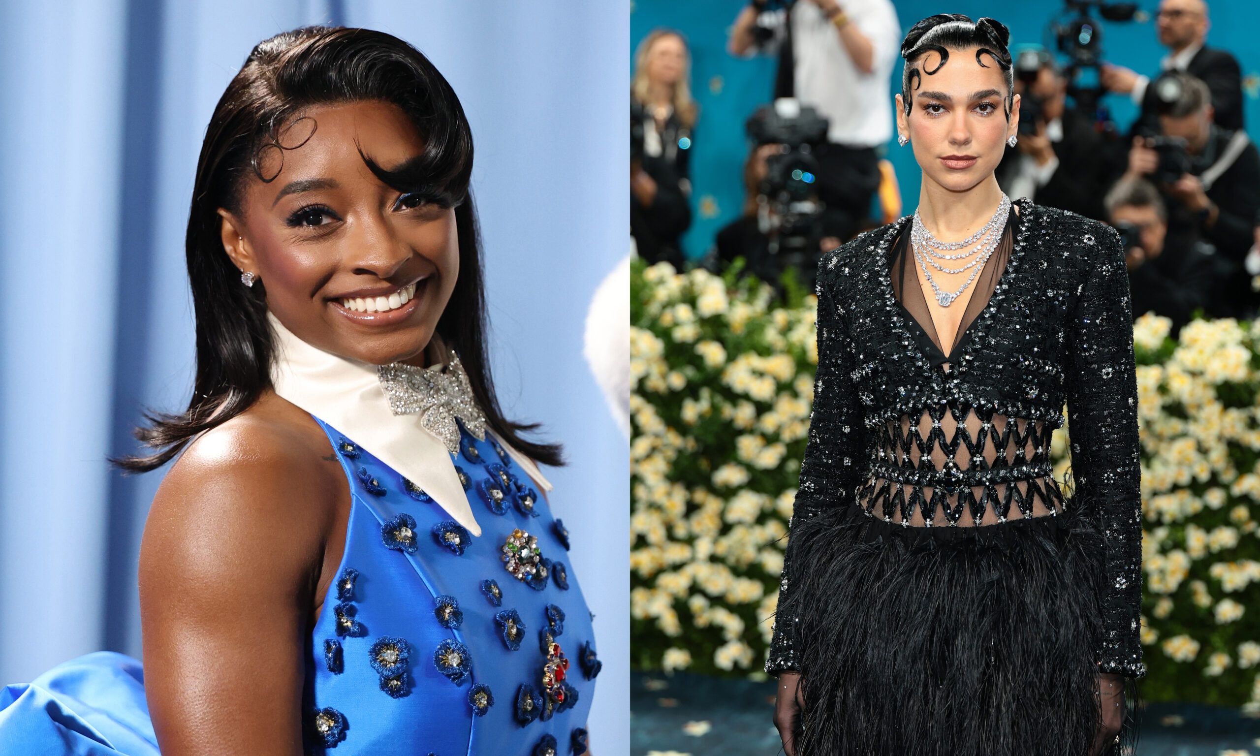 Simone Biles and Dua Lipa wearing kiss curls hairstyles at the 2025 Met Gala