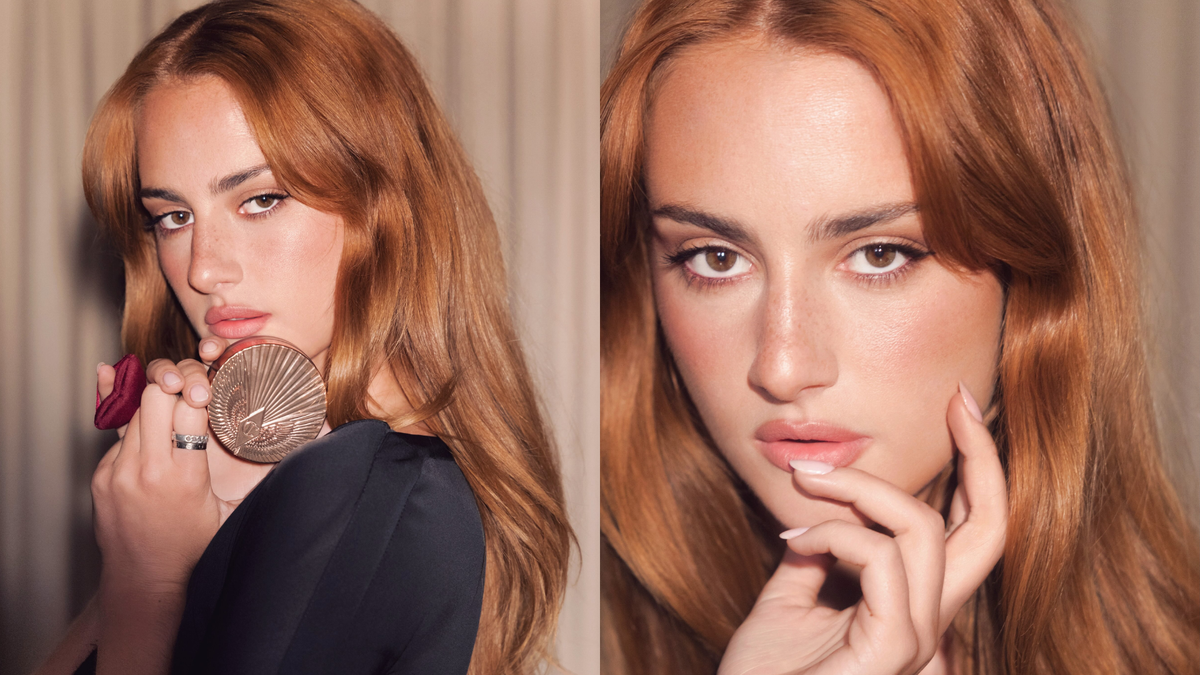 Grace Van Patten in a two-panel beauty campaign photo, showcasing dewy makeup and soft waved auburn hair