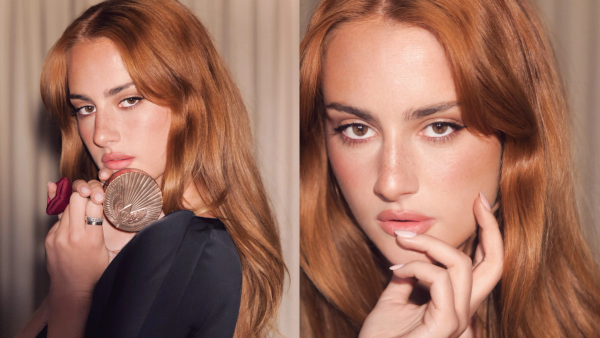 Grace Van Patten in a two-panel beauty campaign photo, showcasing dewy makeup and soft waved auburn hair