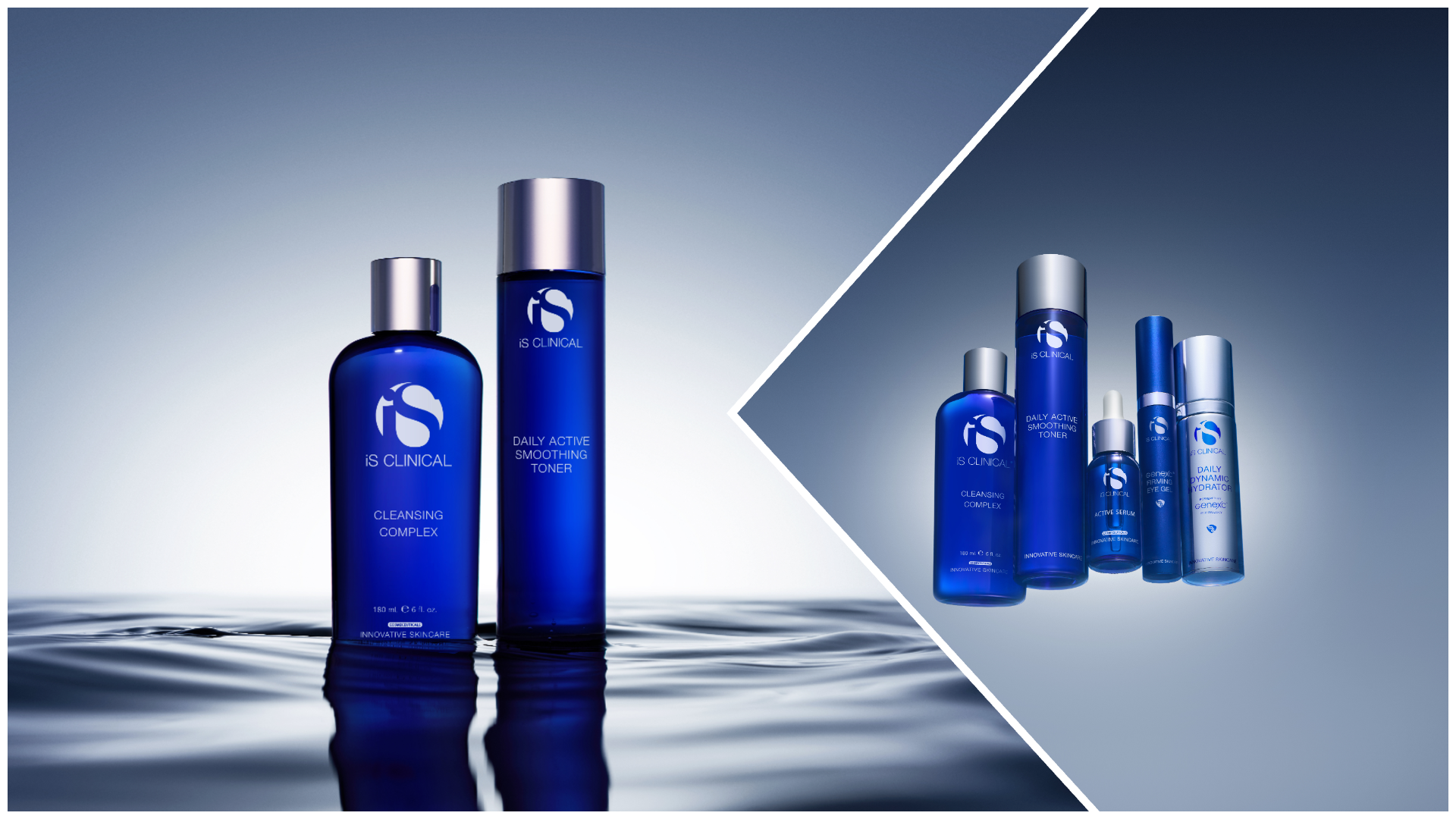 iS Clinical skincare products in blue bottles, with Cleansing Complex and Daily Active Smoothing Toner at left and a wider lineup including Active Serum, GeneXC Firming Eye Gel and Daily Dynamic Hydrator at right.