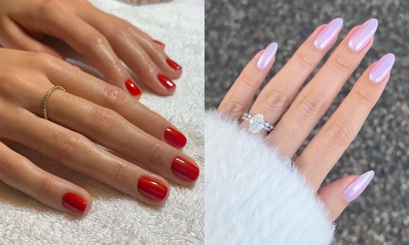 red nails and pearl chrome nails