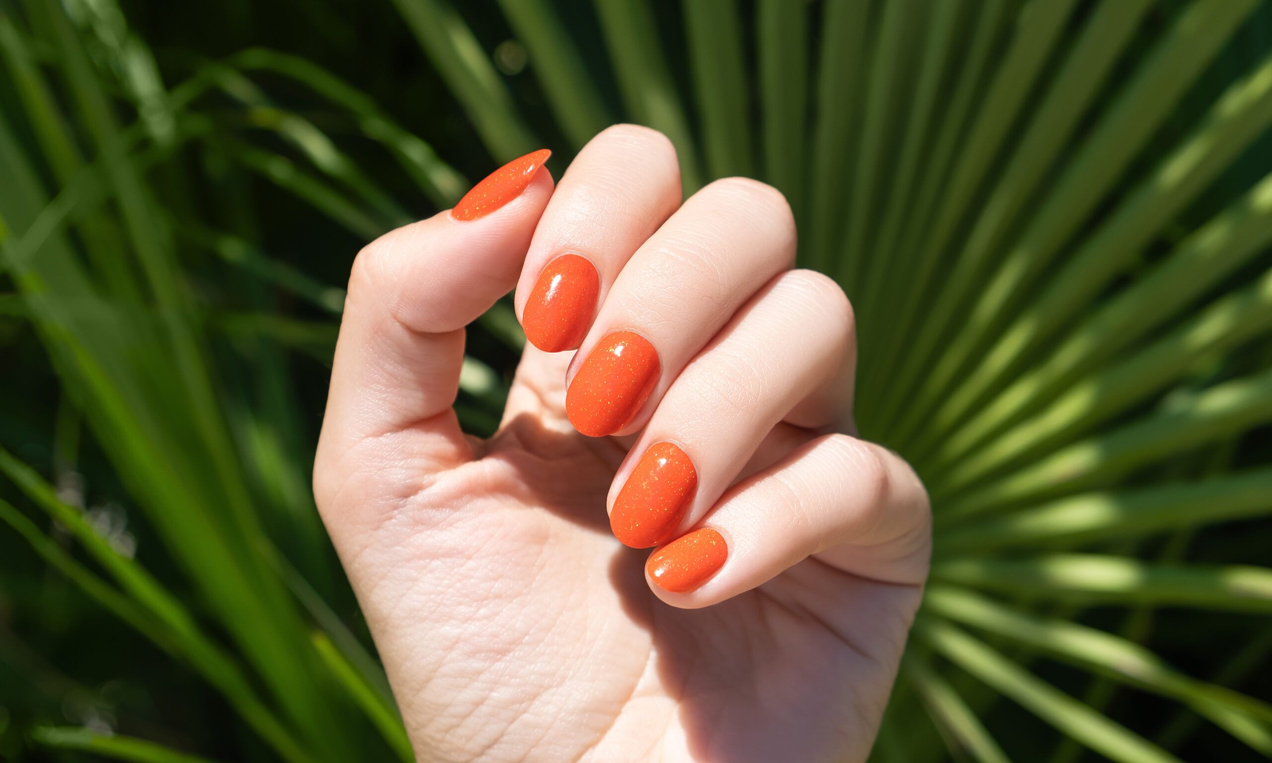 orange nail polish on hand-with palm tree background