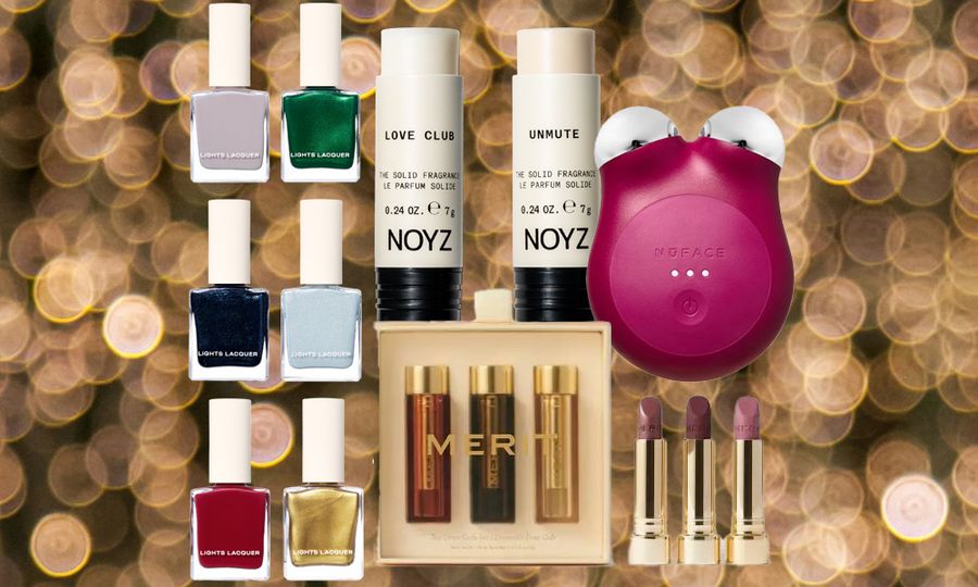 holiday beauty products on gold sparkle background