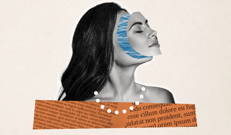Black-and-white collage illustration of a woman's profile with a water-textured cutout along the jawline