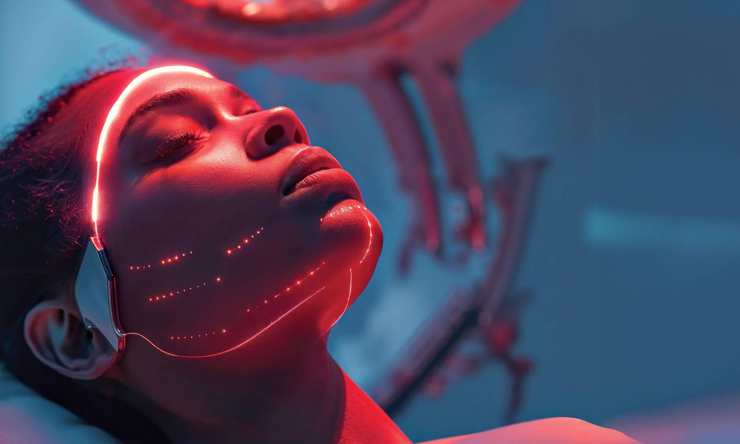 AFRICAN AMERICAN WOMAN IN A FUTURISTIC MEDICAL OFFICE TAKING A LASER TREATMENT, INTRICATE DETAILS, SUBTLE NEON TONES