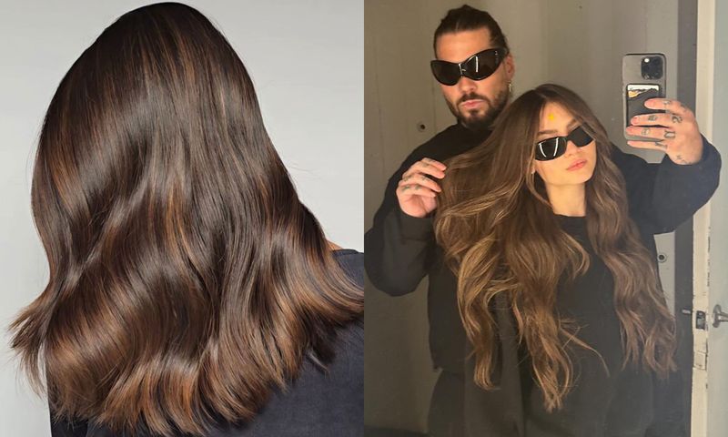 Side by side images of women with rich dark brown hair