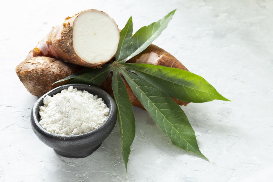 cassava root with bowl of powder next to it