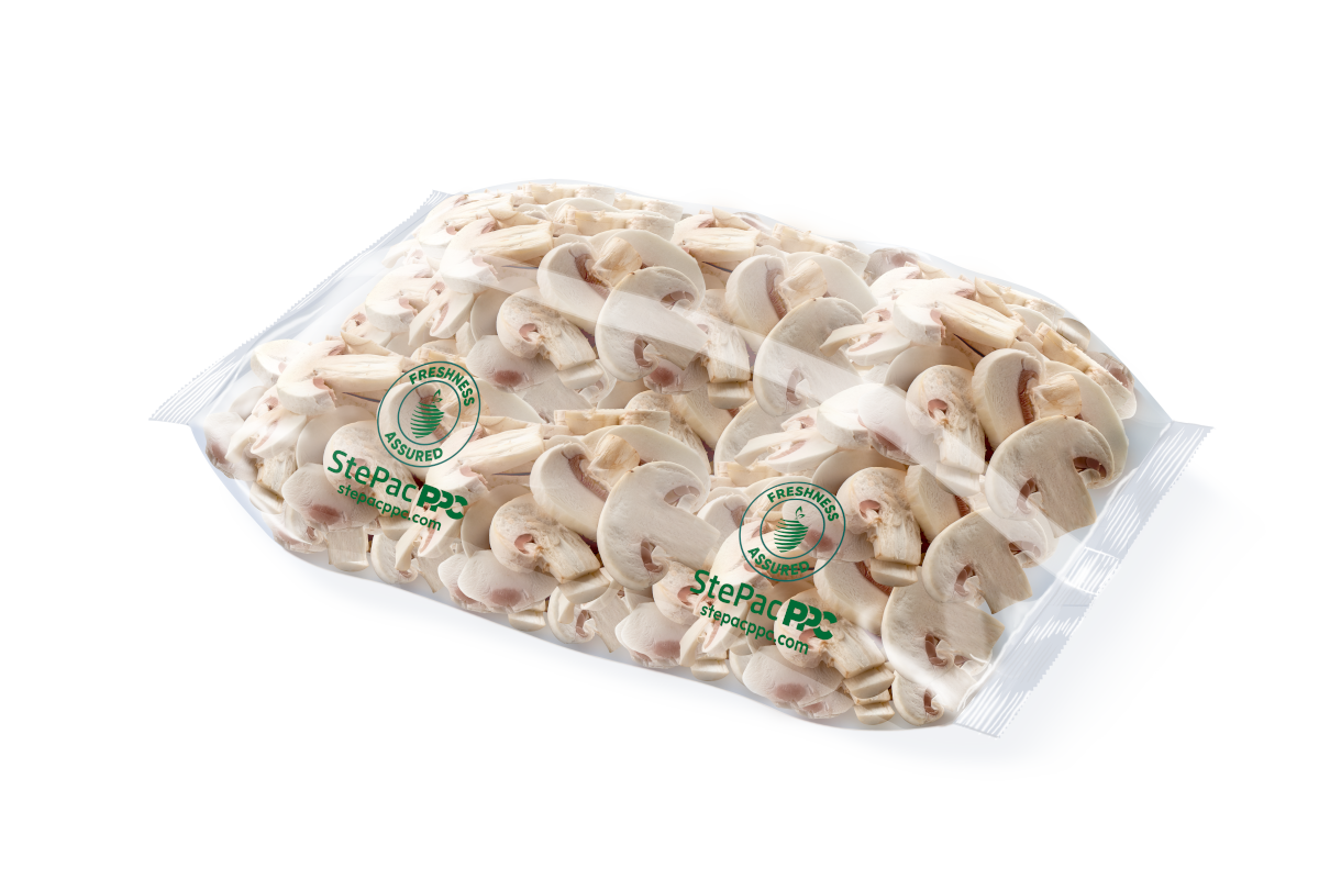 sliced button mushrooms in StePacPPC film packaging 