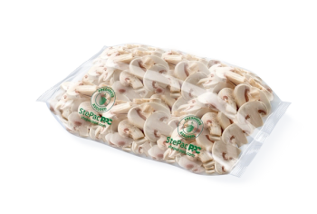 sliced button mushrooms in StePacPPC film packaging