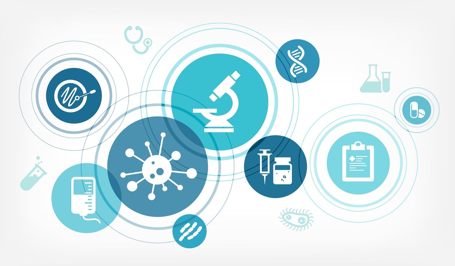 Concept with icons related to medicine and science, laboratory analysis, disease treatment, diagnosis, clinical trial or scientific therapeutic study