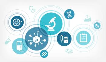 Concept with icons related to medicine and science, laboratory analysis, disease treatment, diagnosis, clinical trial or scientific therapeutic study