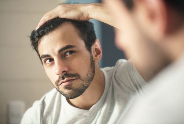 man looking in mirror, inspecting hair line