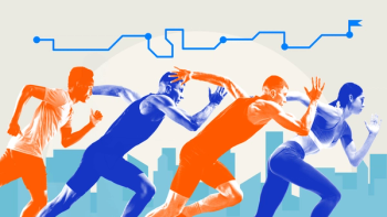 Group of runners charging toward a goal, mapped route above reflecting strategy, direction and collective determination. 