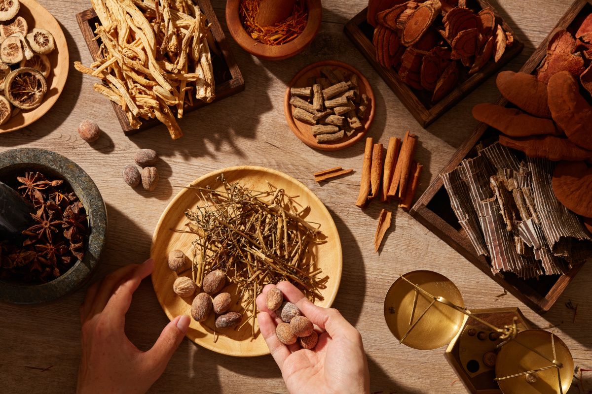 Traditional chinese medicinal herbs on table